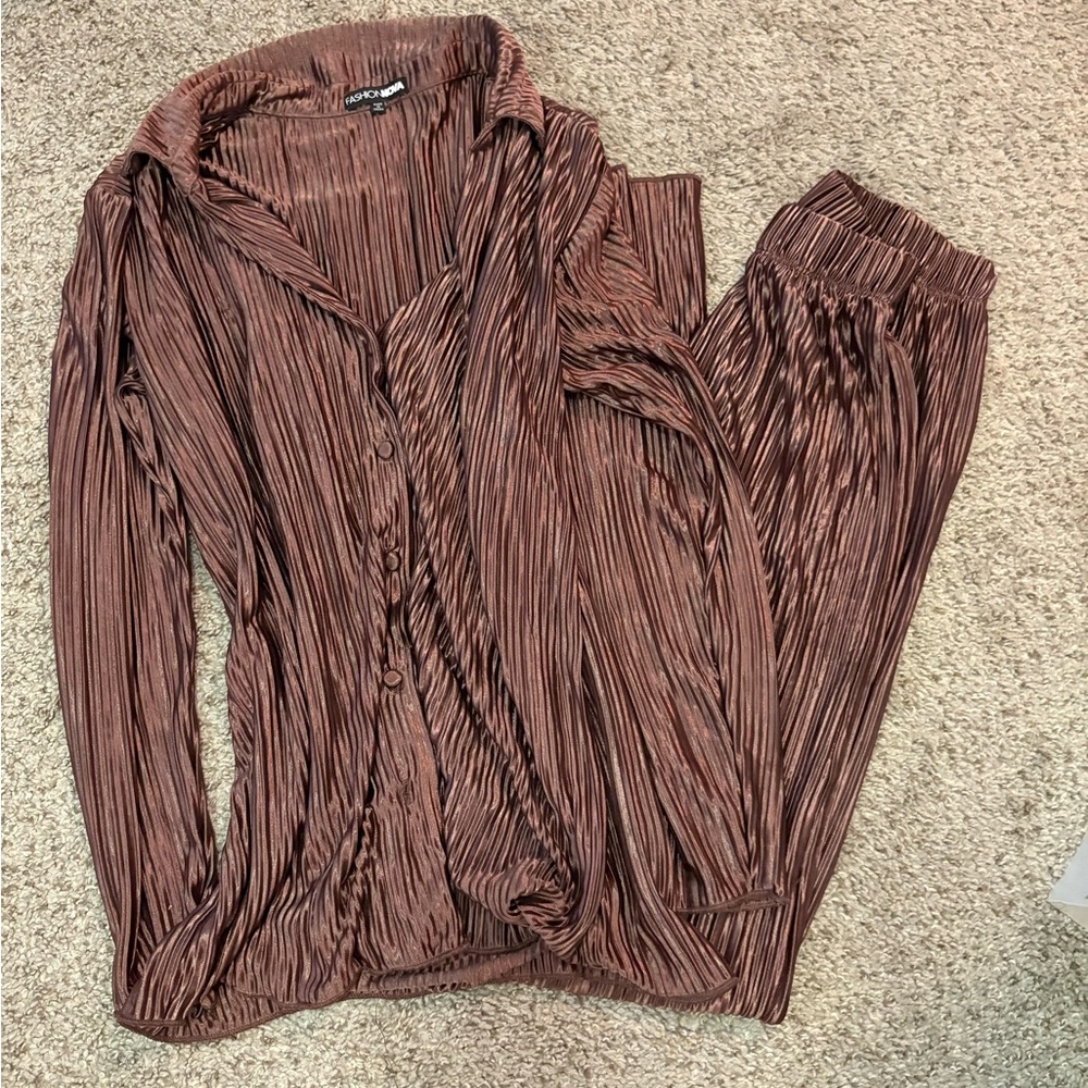 Brown Plisse Flowy Set